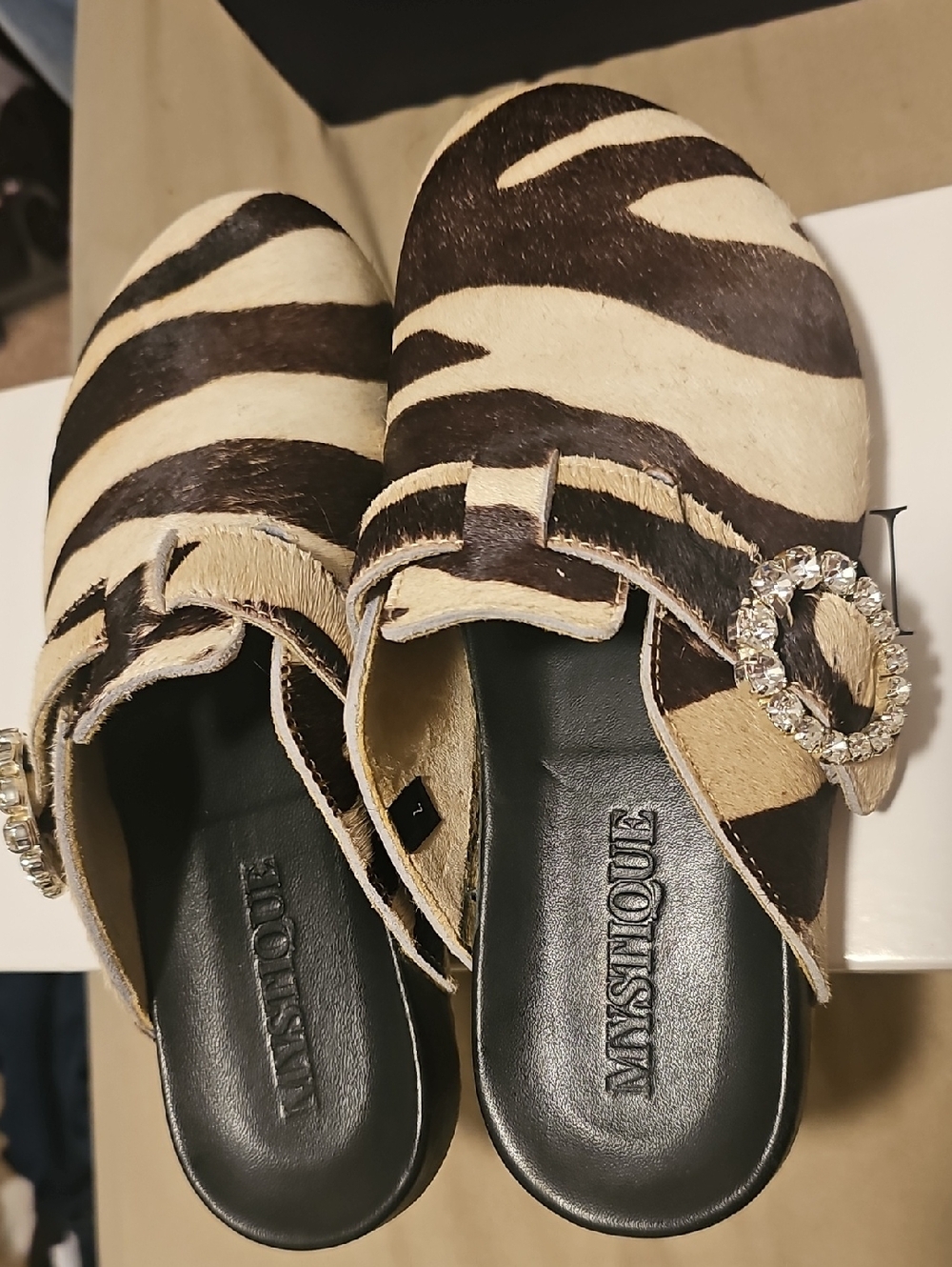 Zebra-Print Slip-On Mule with Rhinestone Buckle - Black & White